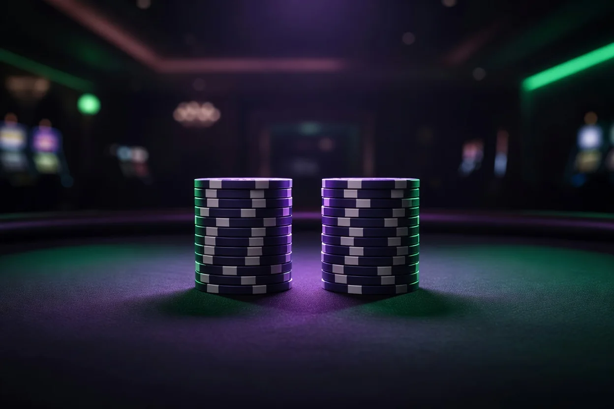 Two equal stacks of poker chips side by side on dark felt under purple rim light