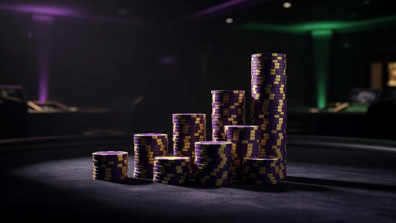Ascending columns of stacked poker chips arranged like a bar chart on dark felt