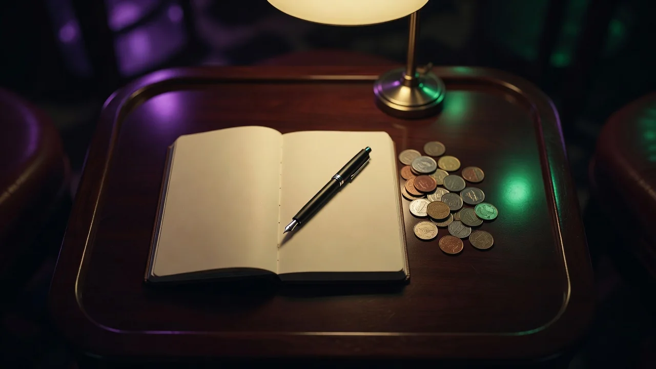 Open blank ledger notebook with a pen and a small pile of coins on a desk