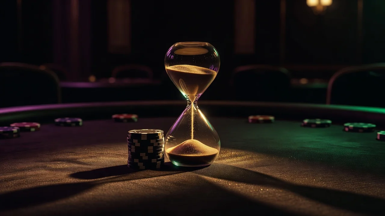 Hourglass and a small stack of poker chips on dark felt