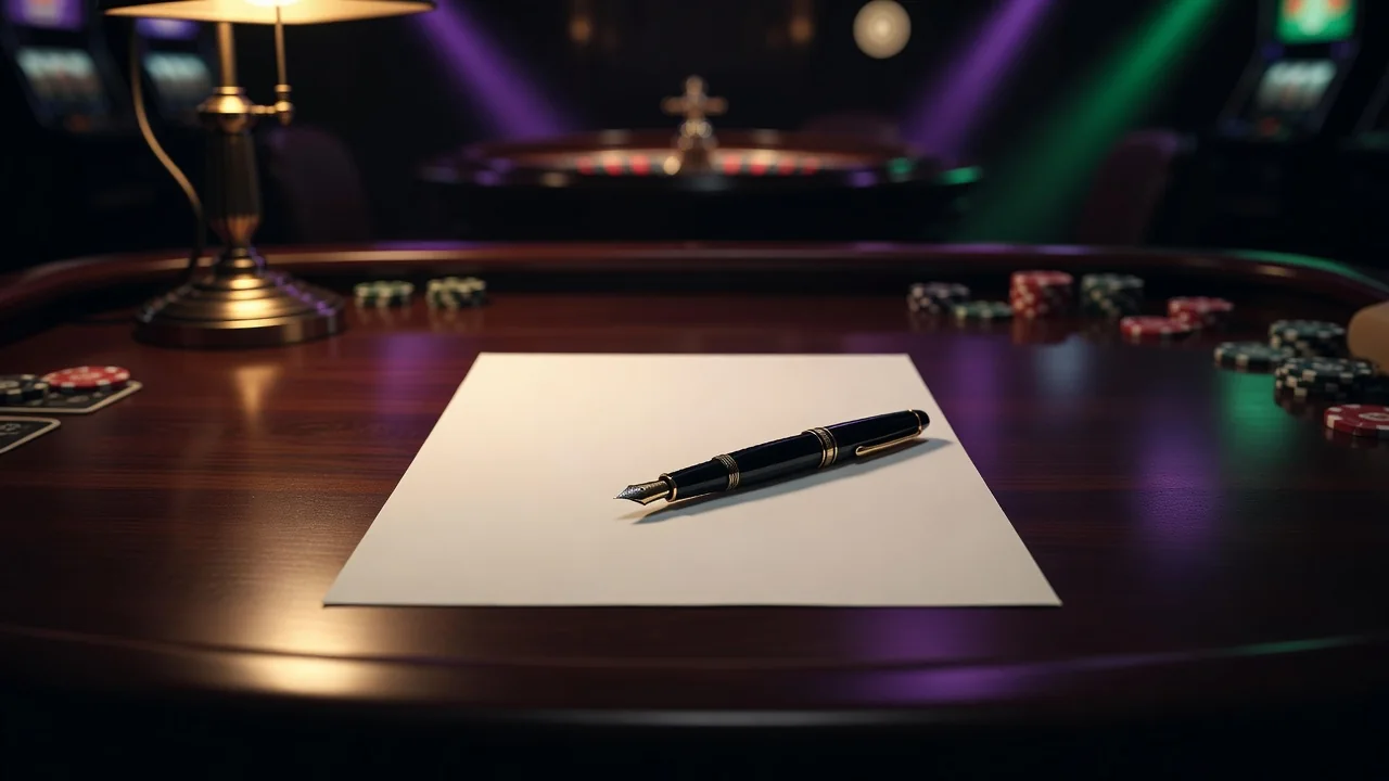 Blank sheet of paper with a fountain pen on a dark desk under warm light