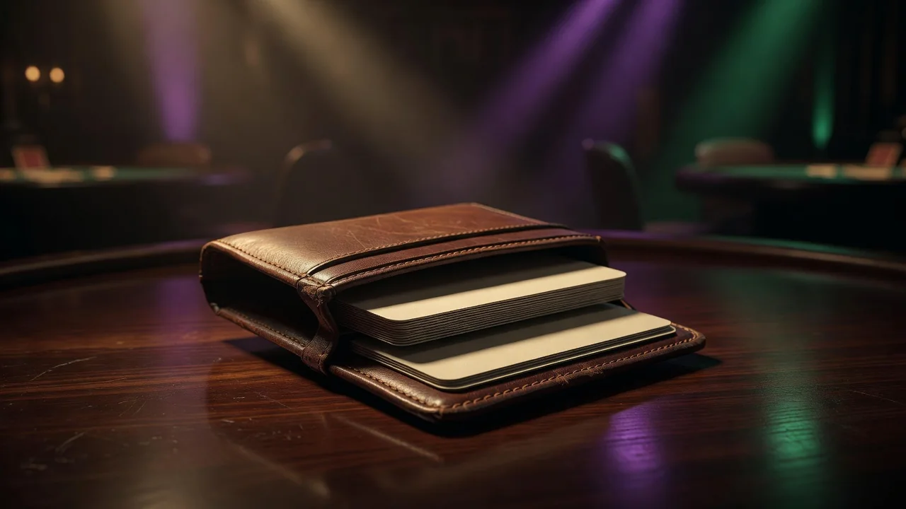 Open leather wallet showing edges of blank cards on dark wood in warm light