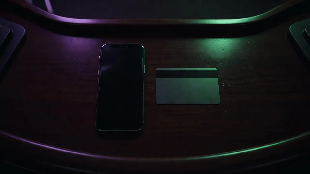Smartphone and blank bank card side by side on a dark desk under soft green light
