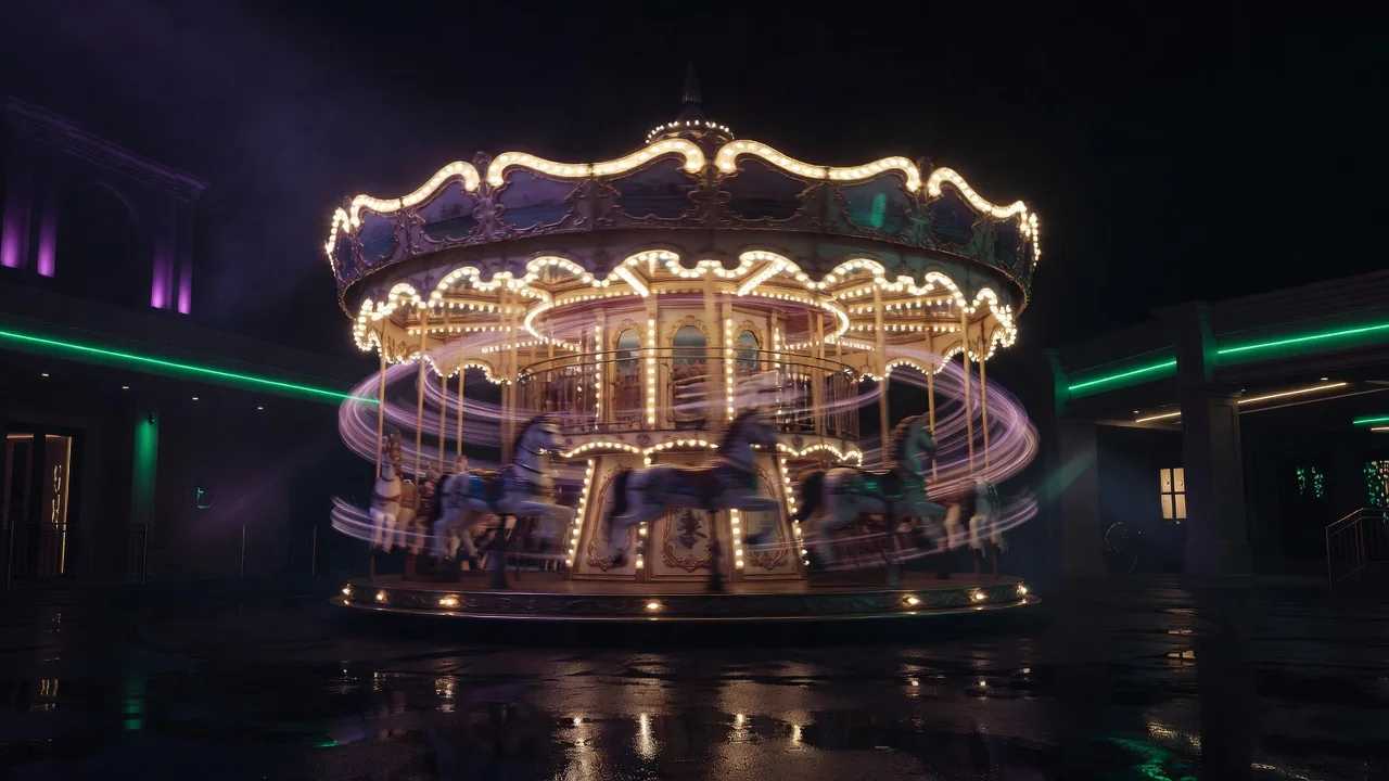 Vintage carousel in motion blur with warm lights at night