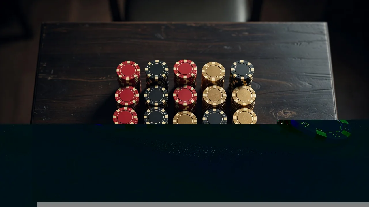 Stacks of purple, green and gold poker chips on dark casino felt