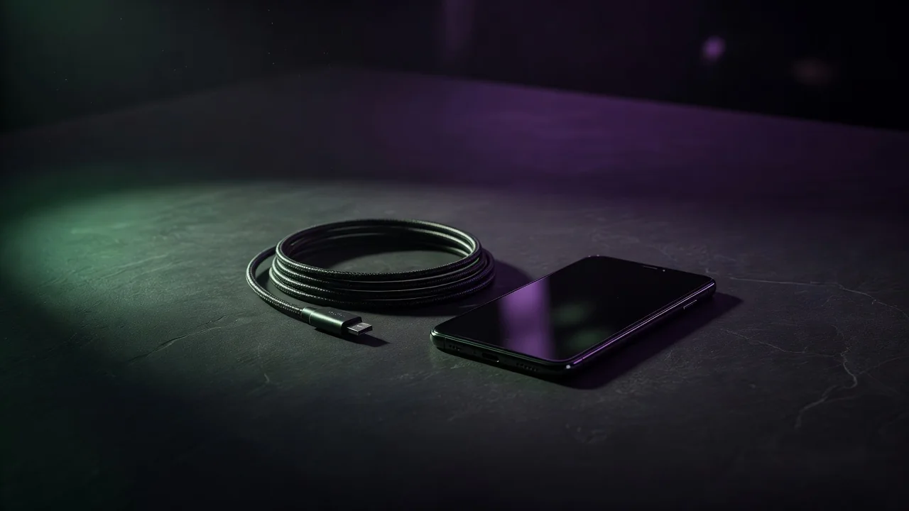 Coiled charging cable beside a smartphone on dark slate under green accent light