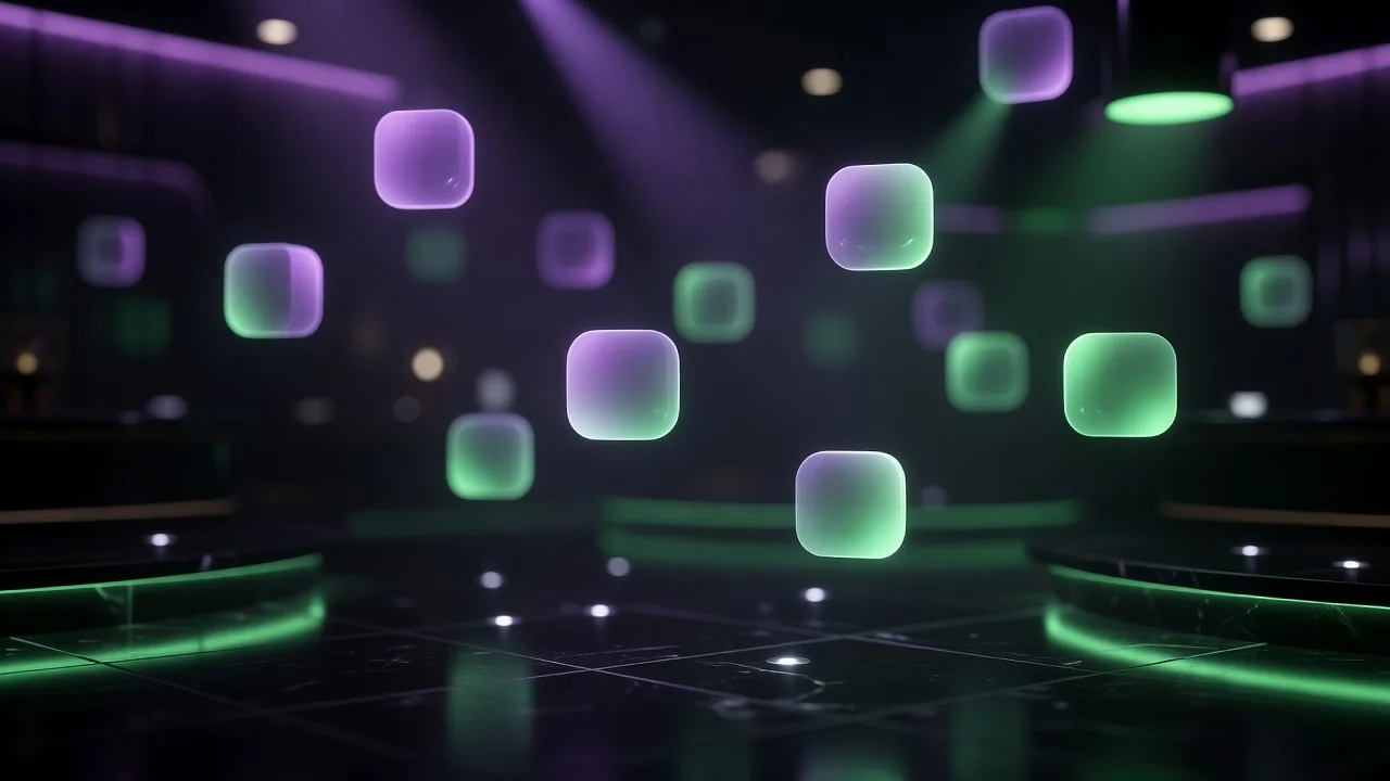 Abstract glowing rounded squares floating over a dark background like blurred tiles
