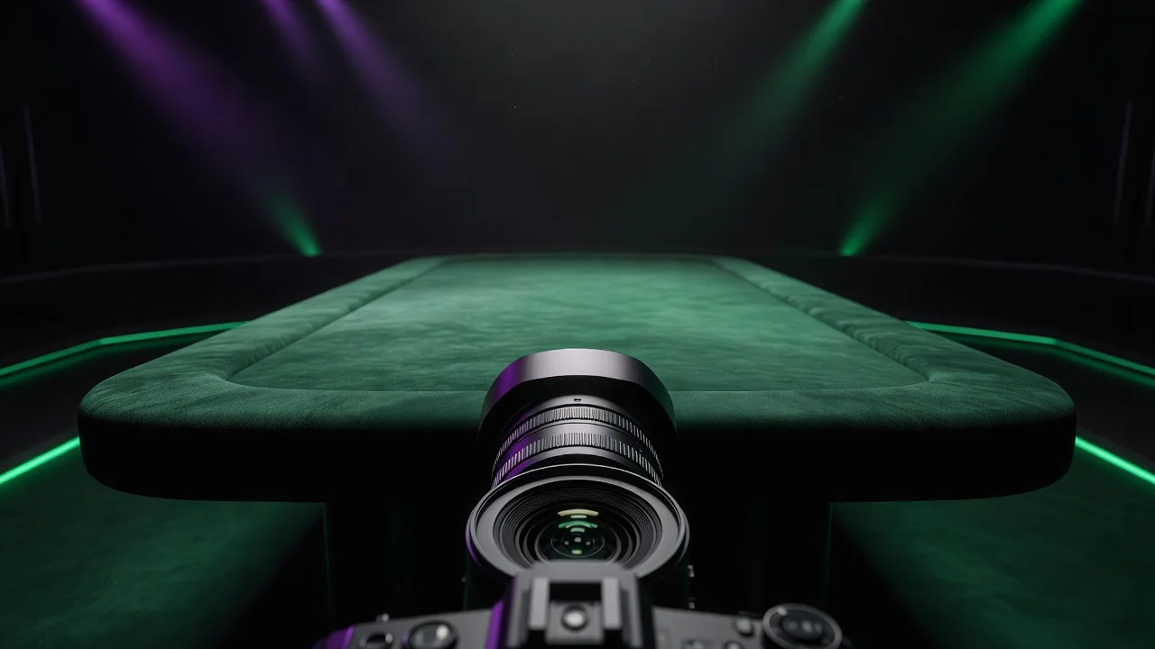 Broadcast camera lens aimed at an empty green felt table in a dark studio