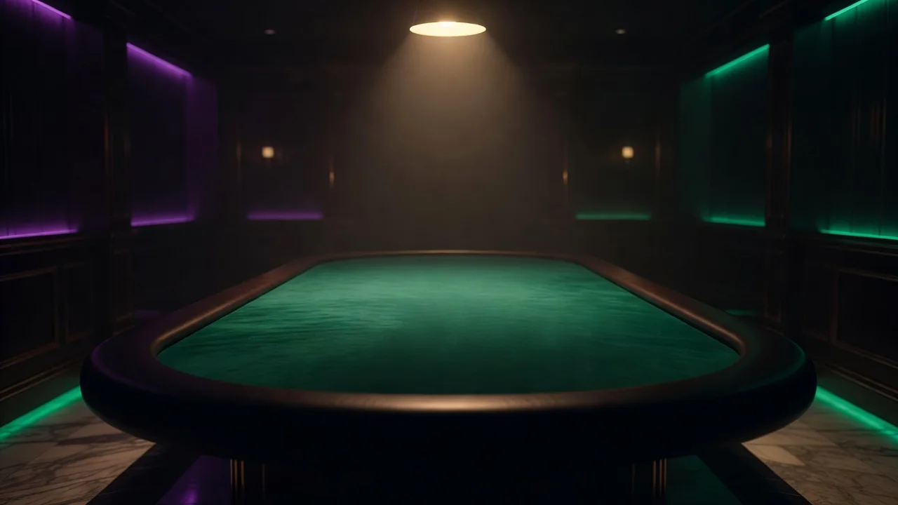 Empty casino studio table with green felt under a single warm overhead lamp