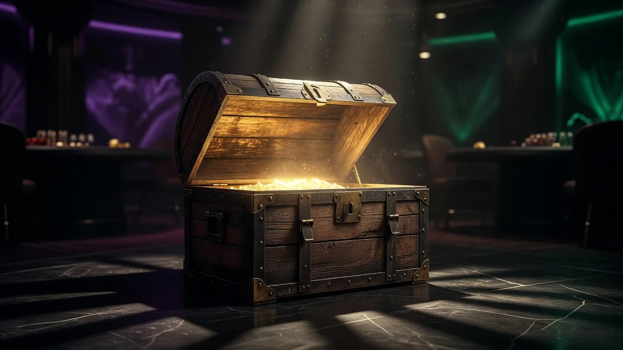 Vintage wooden treasure chest slightly open with golden light glowing from inside