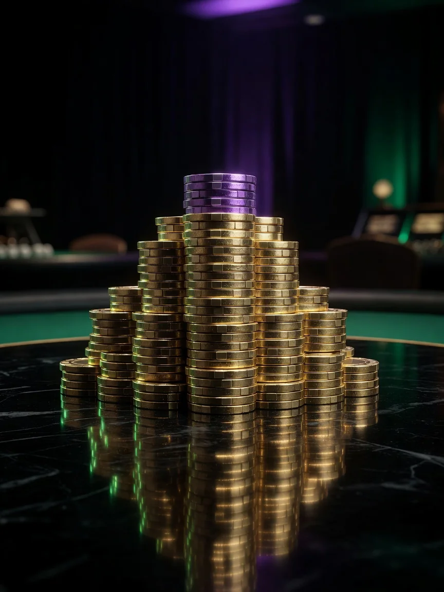 Tall pyramid of golden poker chips on a dark reflective surface under purple light
