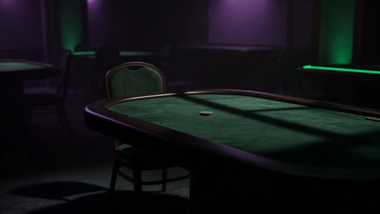Empty chair at a dark casino table with a single chip left on the felt
