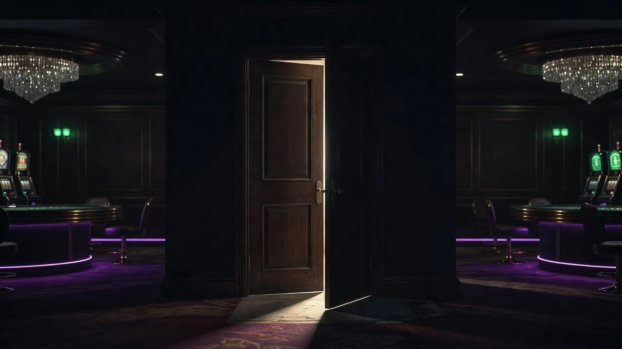 A slightly open door with warm light coming through in a dark room