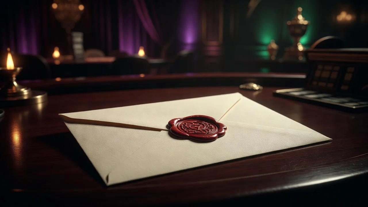 Sealed envelope with a wax stamp on a dark elegant desk