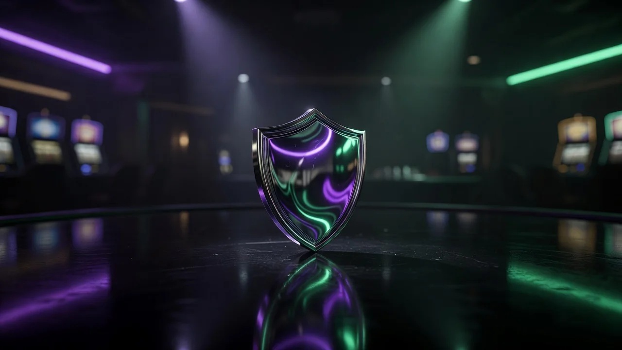 Polished metallic shield-shaped object reflecting purple and green neon light