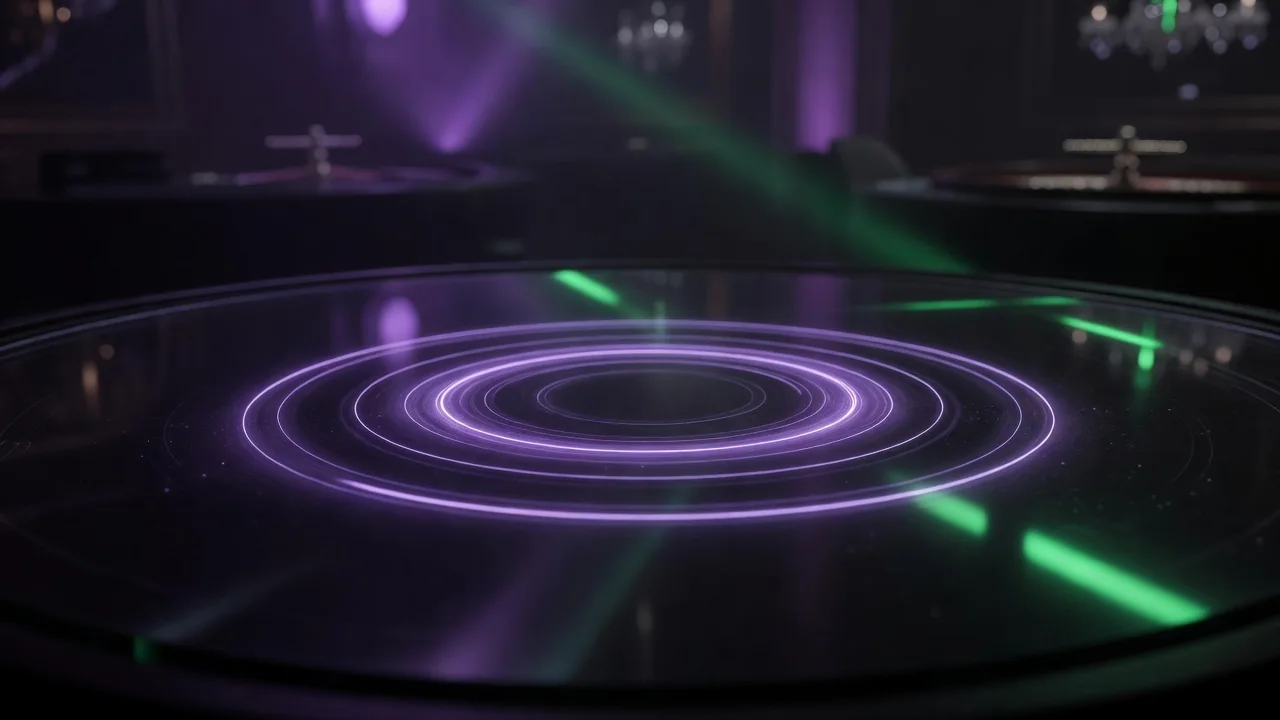 Concentric glowing purple light rings on dark glass, biometric style