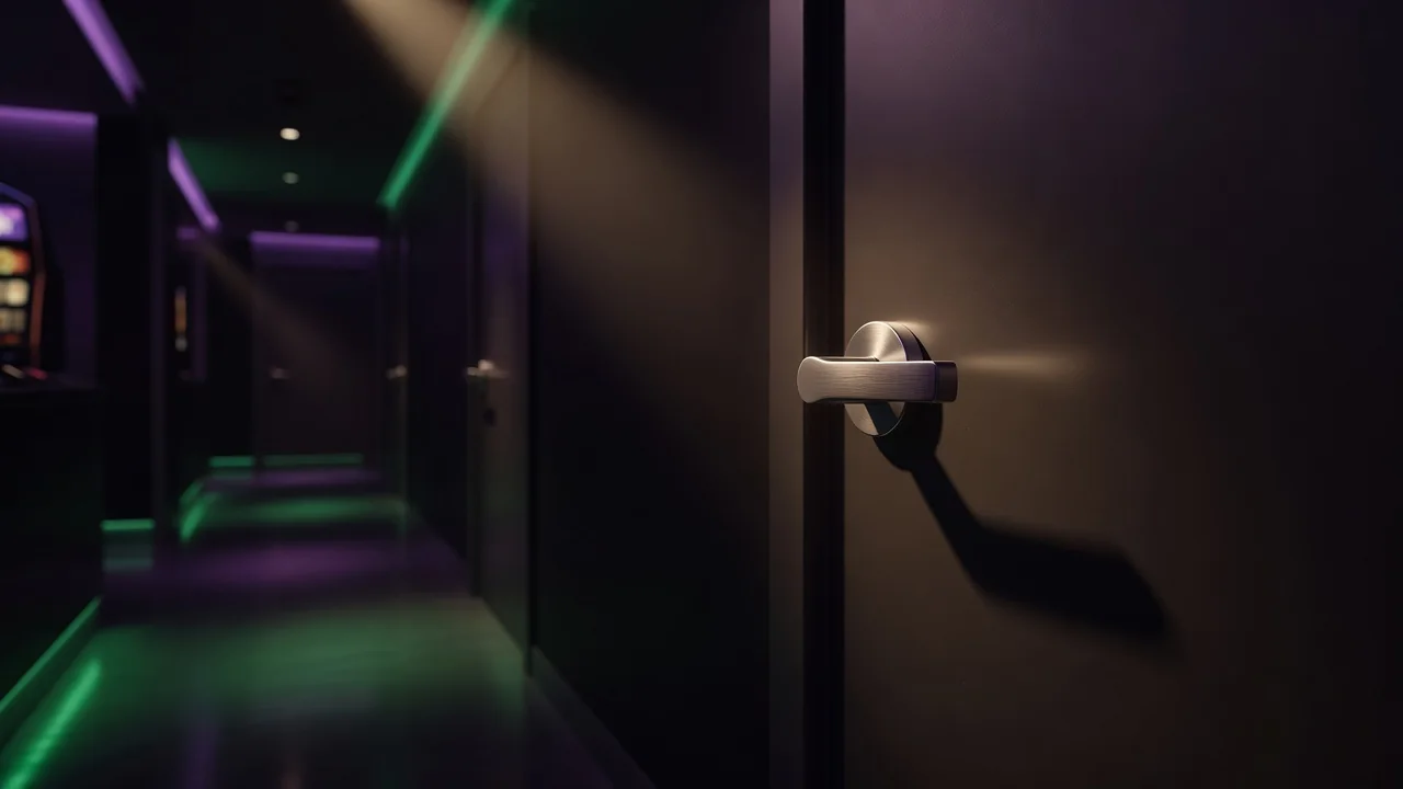 Metallic door handle with a warm light beam in a dark corridor