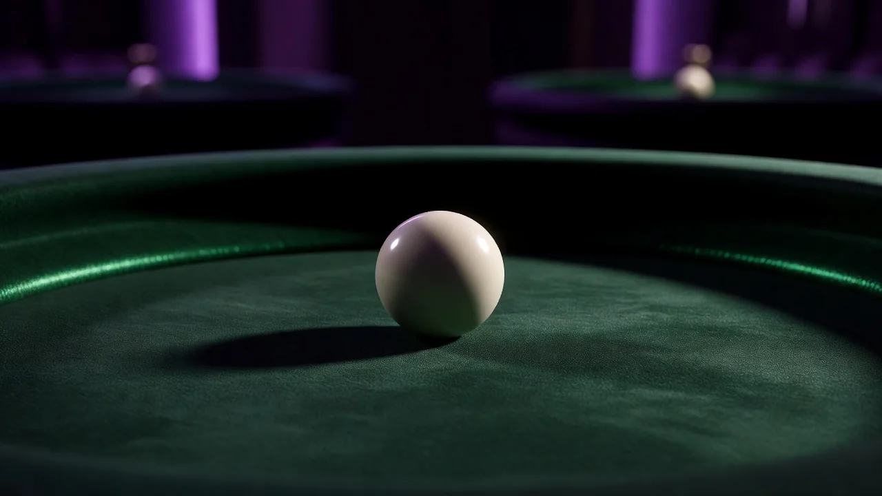 Single white roulette ball resting on dark green felt in extreme macro