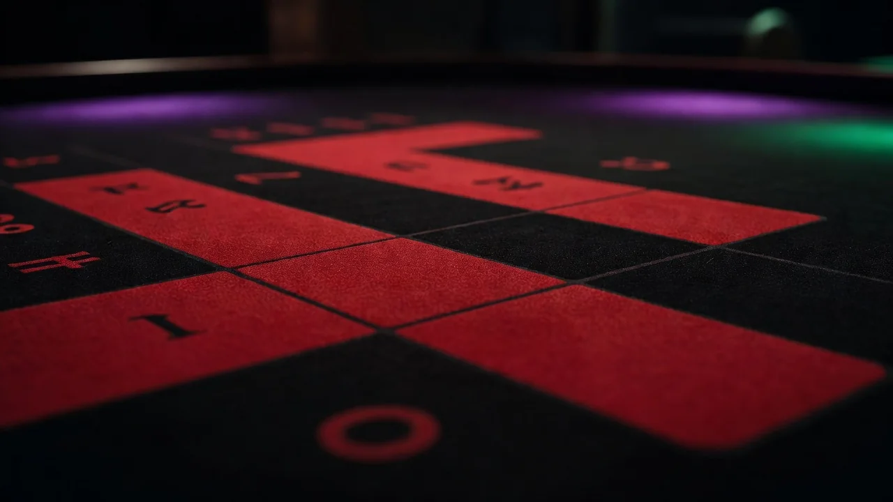 Close-up of red and black felt sections of a betting layout without visible numbers