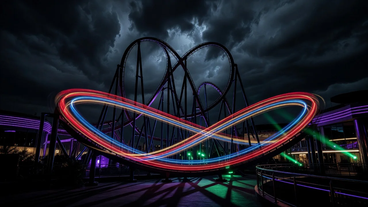Roller coaster silhouette with colorful light trails at night, long exposure