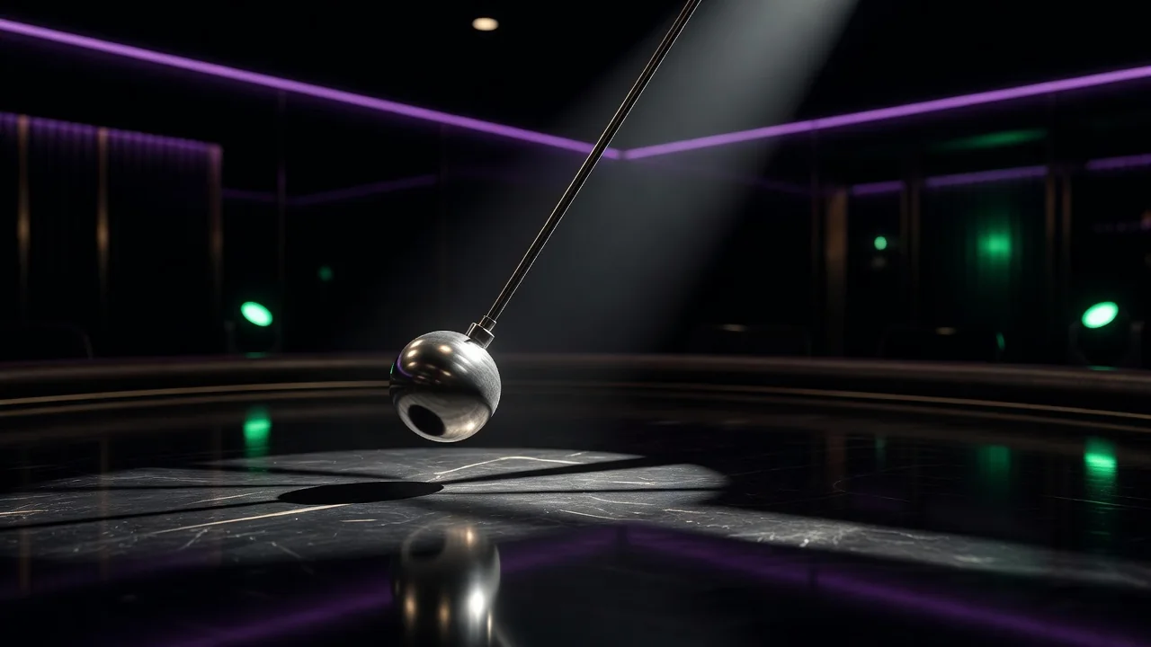 Metal pendulum swinging with motion blur under a single dramatic light