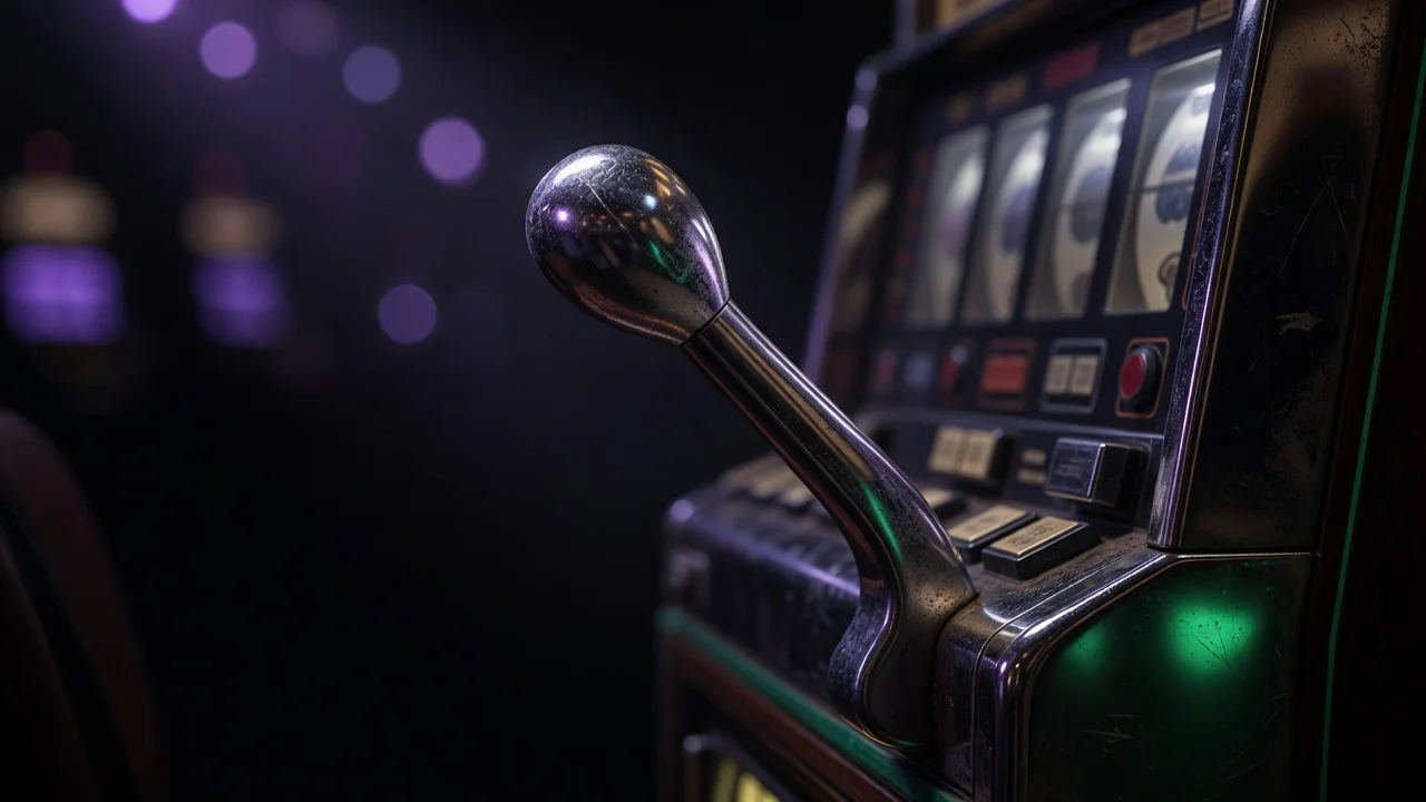 Close-up of a vintage slot machine lever handle with worn chrome
