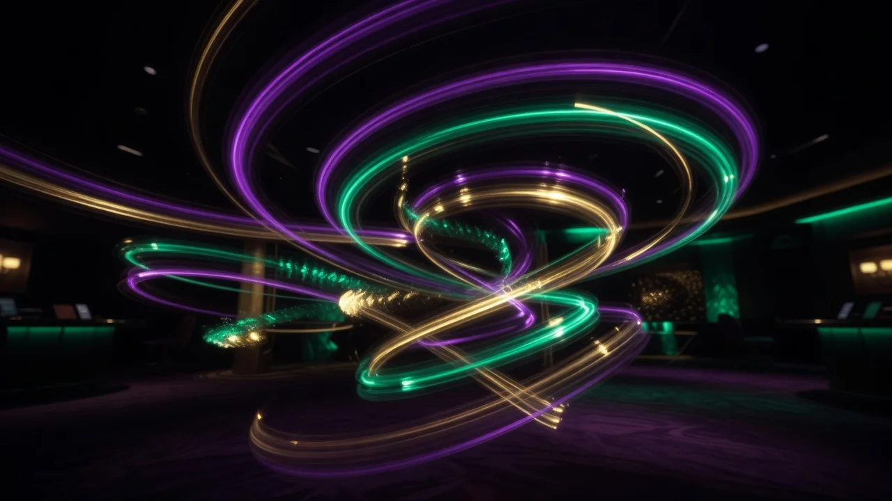 Long exposure of spinning light trails in purple, green and gold