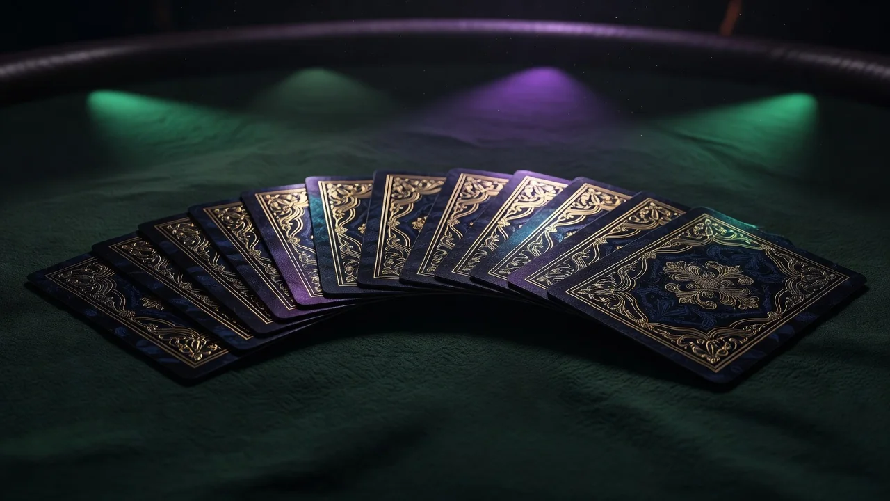 Face-down playing cards fanned showing ornate card backs on felt