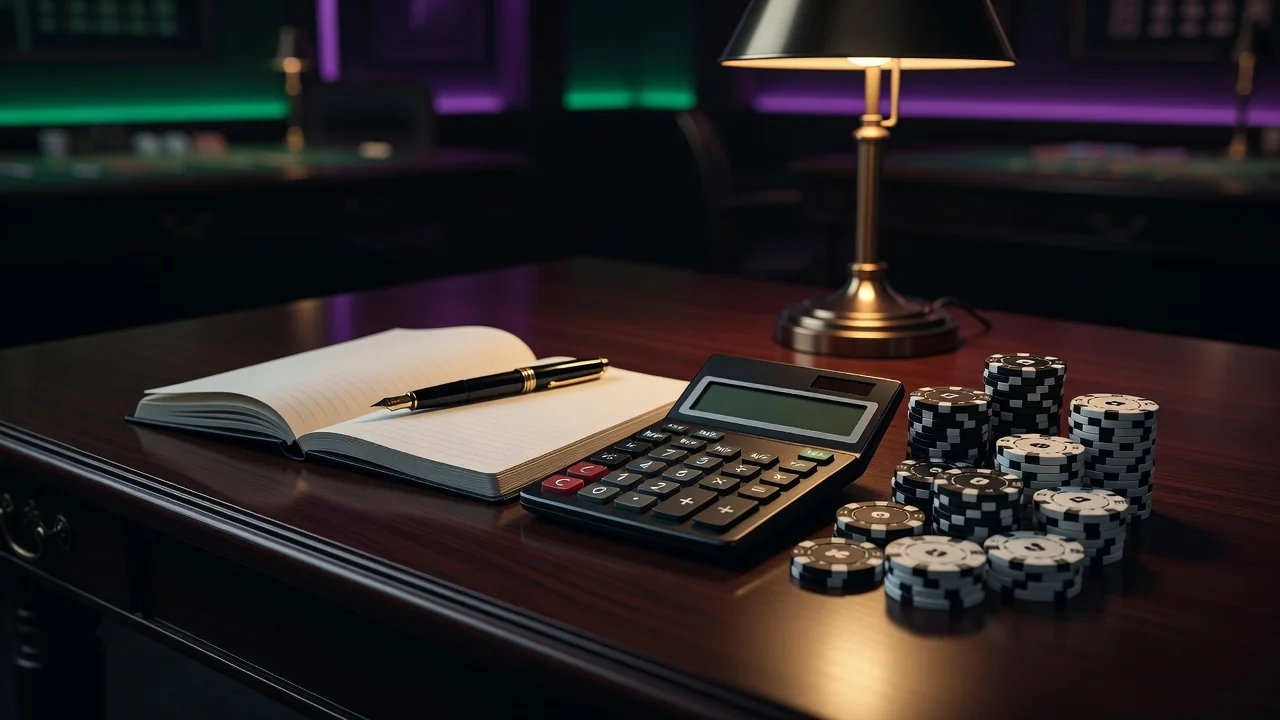 Calculator, blank notebook and poker chips on a dark desk