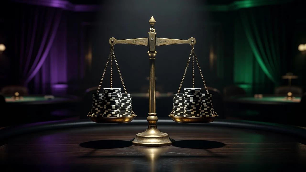 Brass balance scale with poker chips on both pans