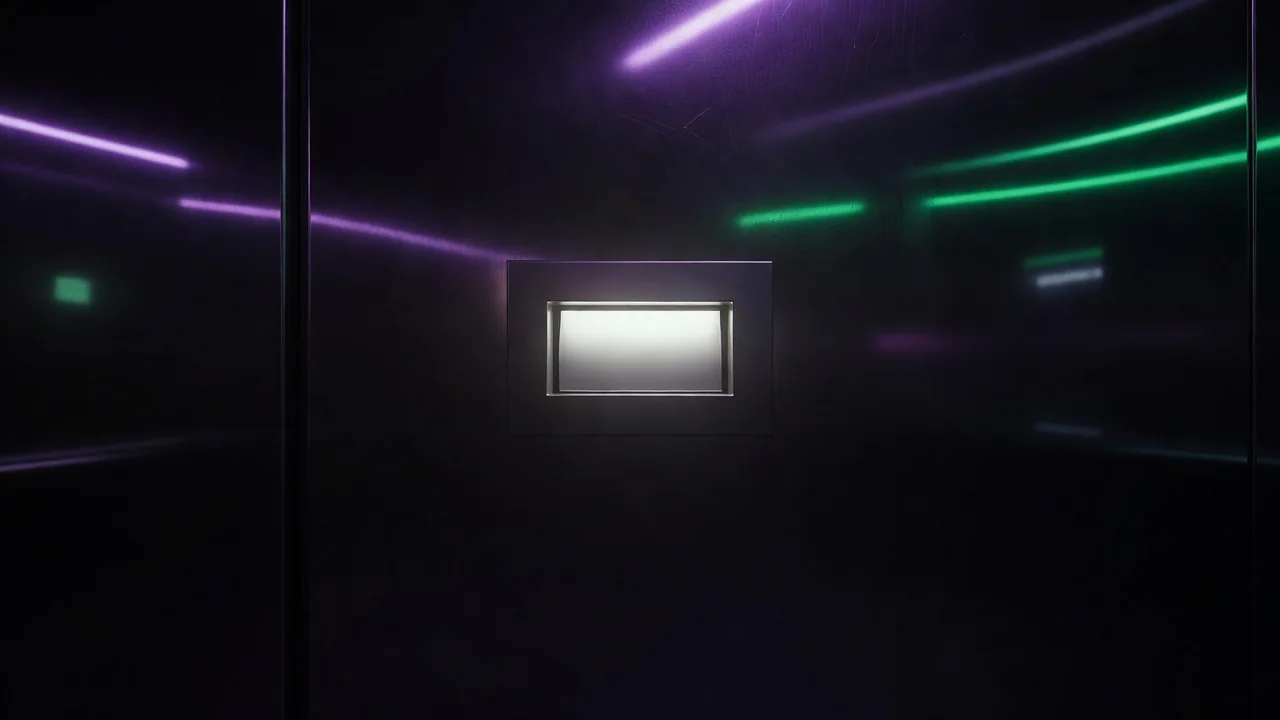Glowing slot in a dark metallic wall with neon reflections