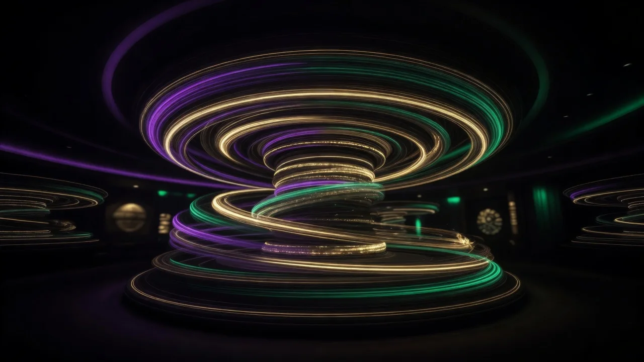 Circular spinning light trails in purple green and gold on black