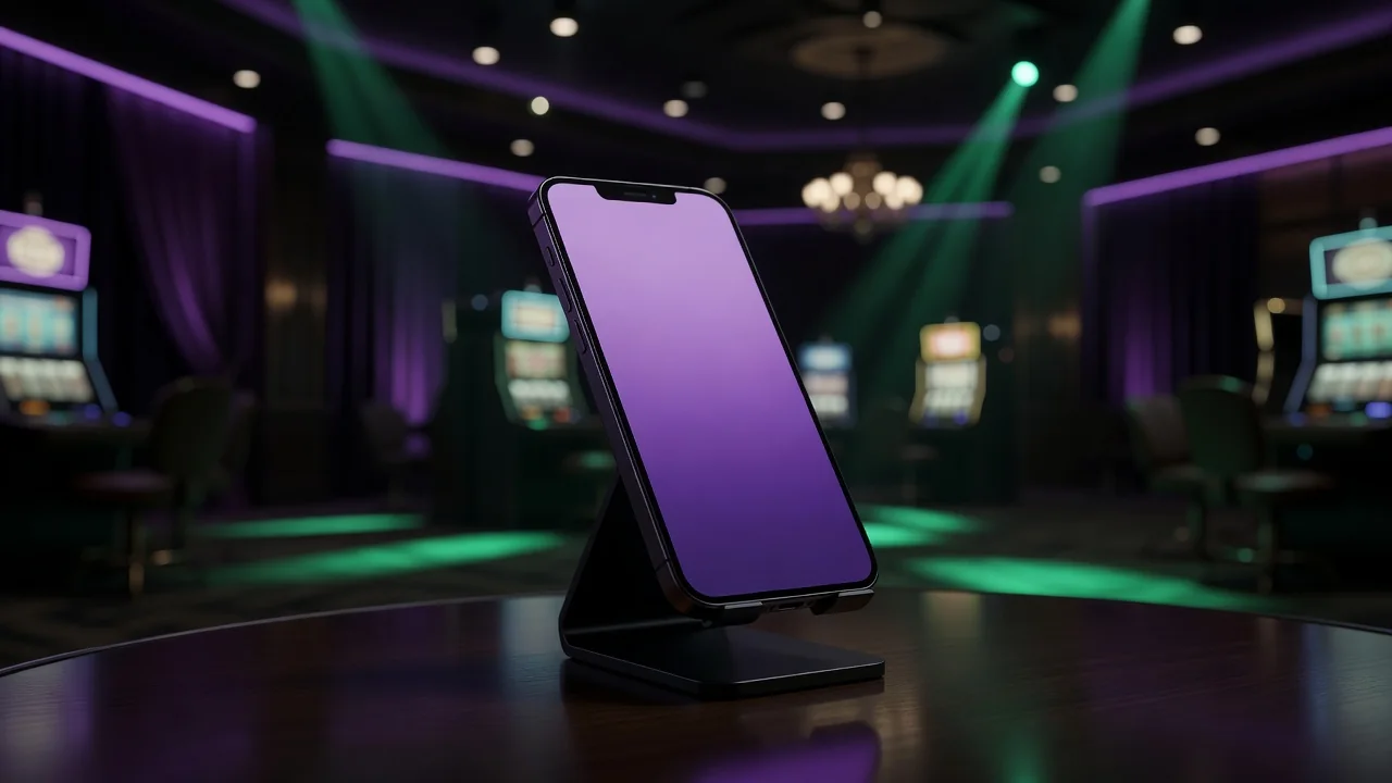 Smartphone on a stand glowing with abstract purple light