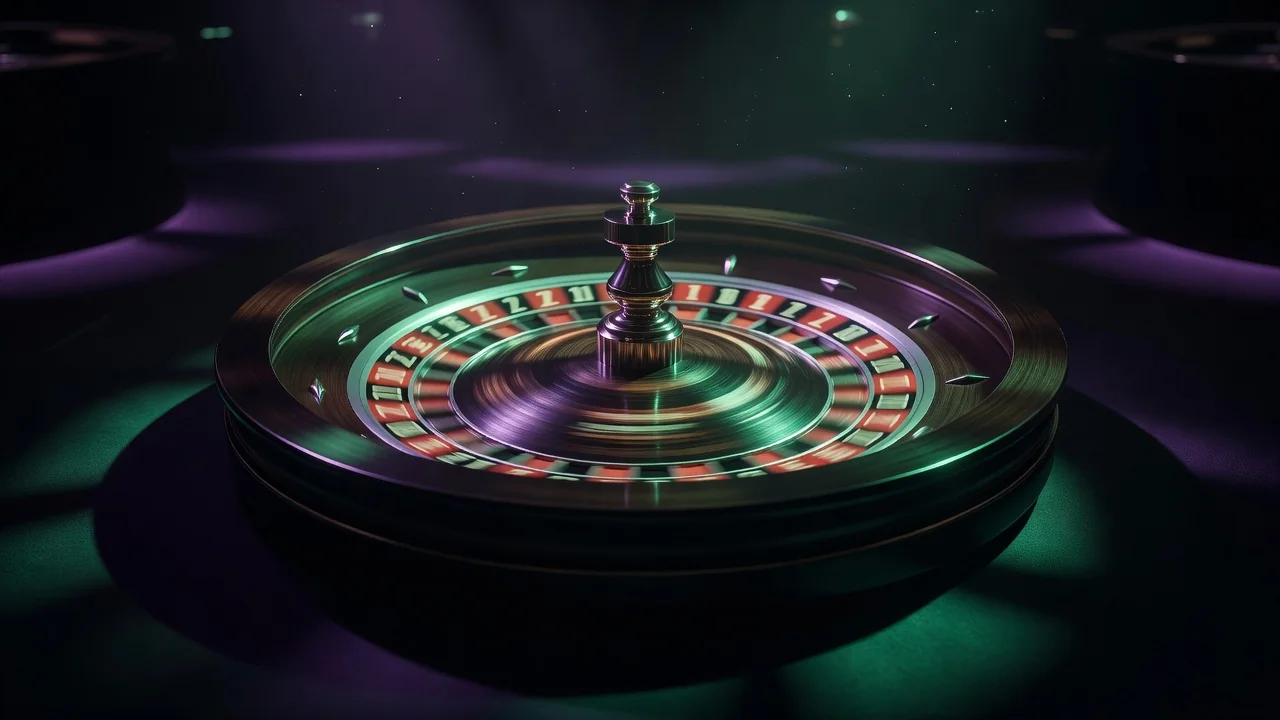 Roulette wheel spinning with motion blur in a dark casino studio