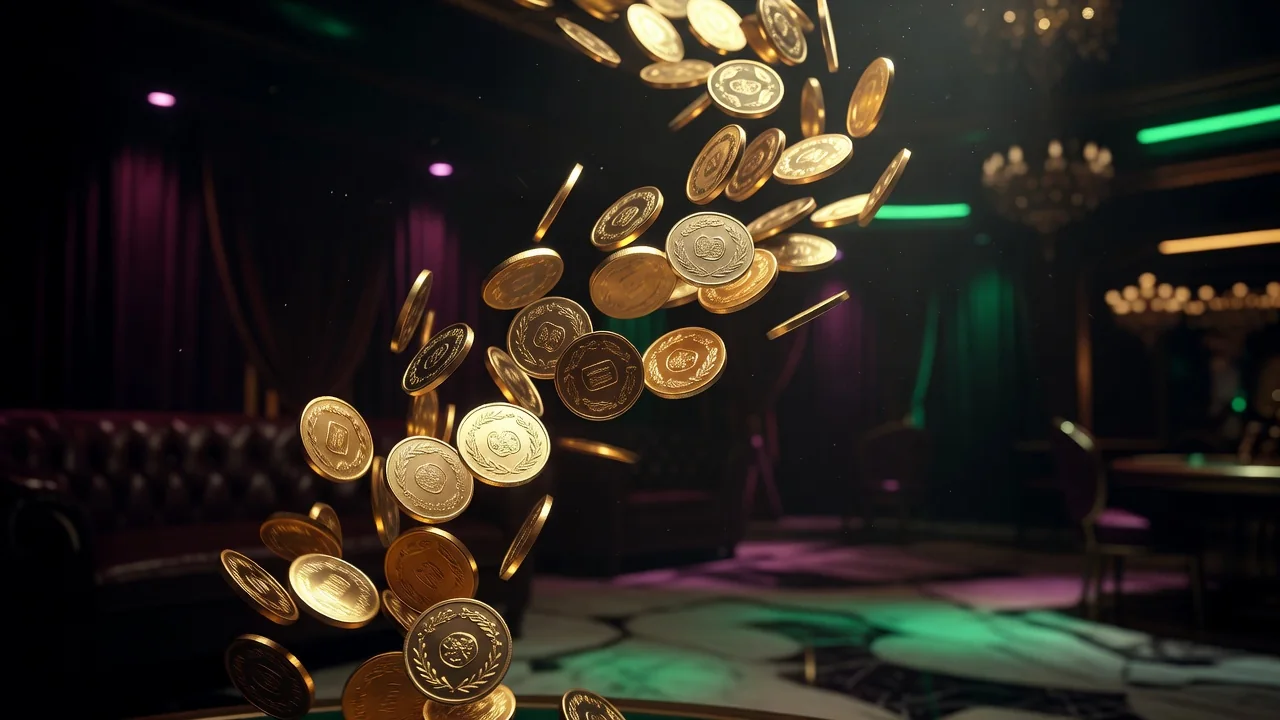 Gold coins cascading mid-air with bokeh over a dark background