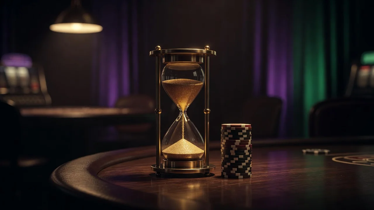 Hourglass with golden sand beside a stack of poker chips