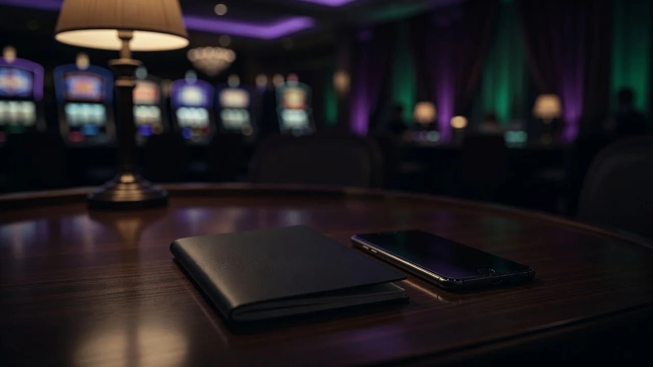 Dark passport-style booklet and smartphone under a warm lamp