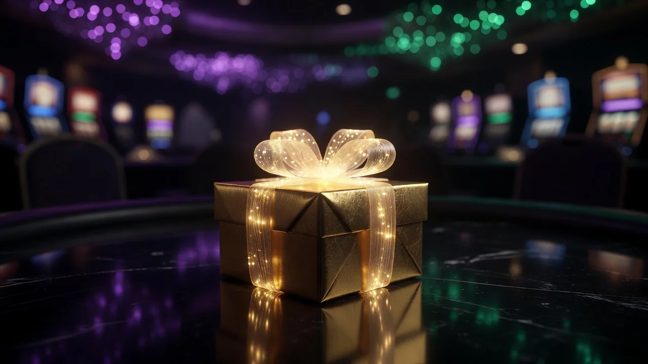 Golden gift box with glowing ribbon on a dark surface