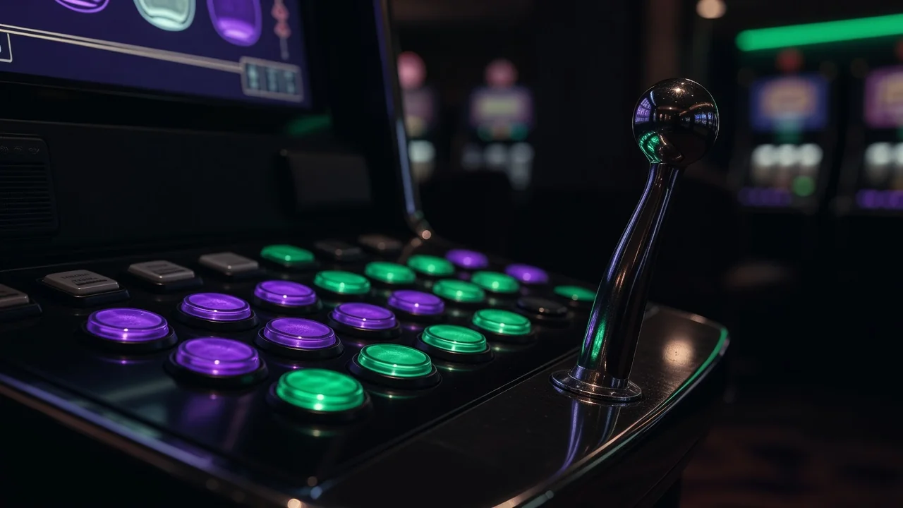 Slot machine button panel and lever glowing in the dark