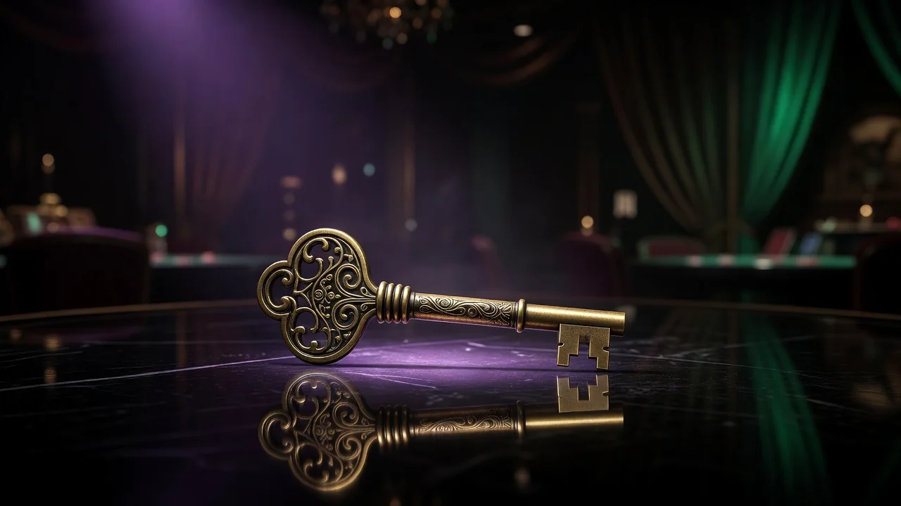 Vintage key glowing with purple light on a dark surface