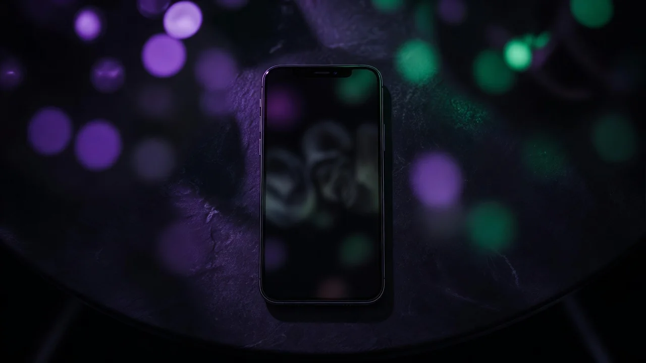 Smartphone on a dark table surrounded by purple and green bokeh light