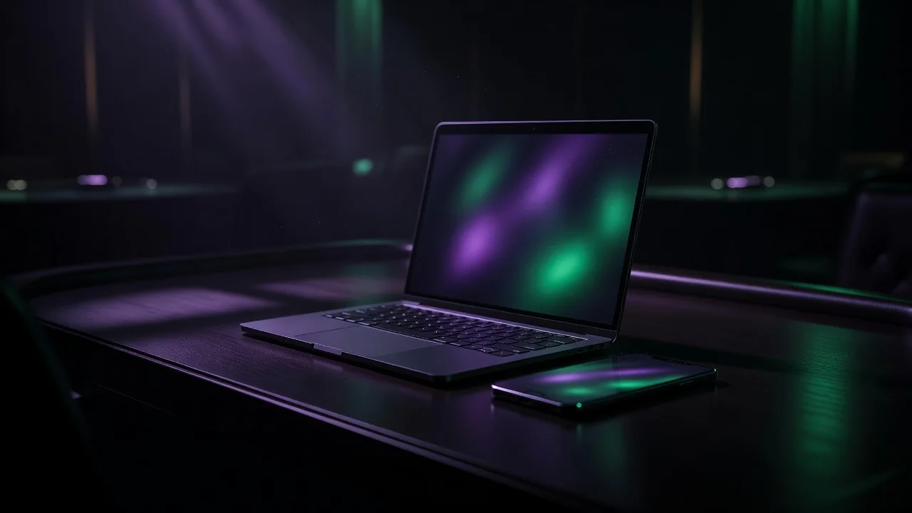 Laptop and smartphone glowing with abstract light on a dark desk