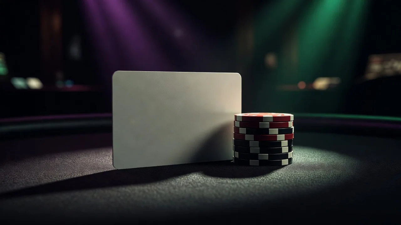Blank bank card and poker chips on dark felt in macro