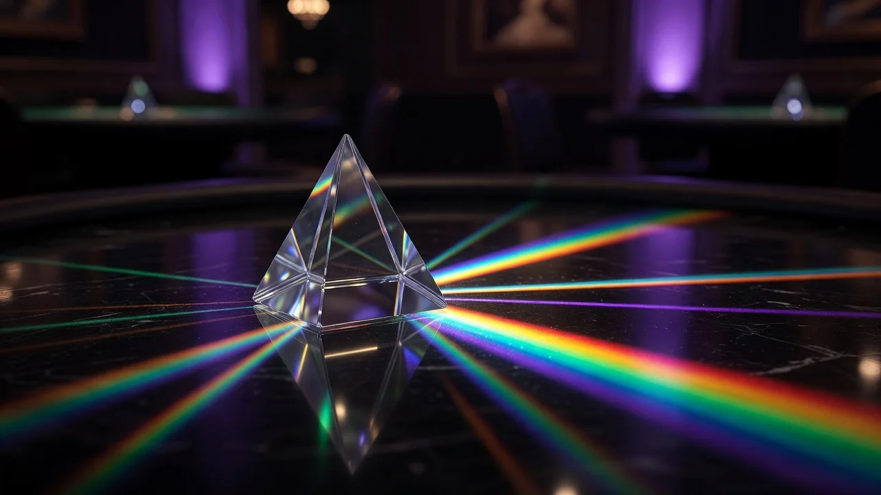 Glass prism refracting purple and green light on a dark table